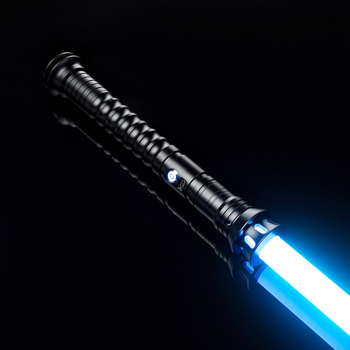 Black metal hilt dueling saber with blue infinite color changing blade
