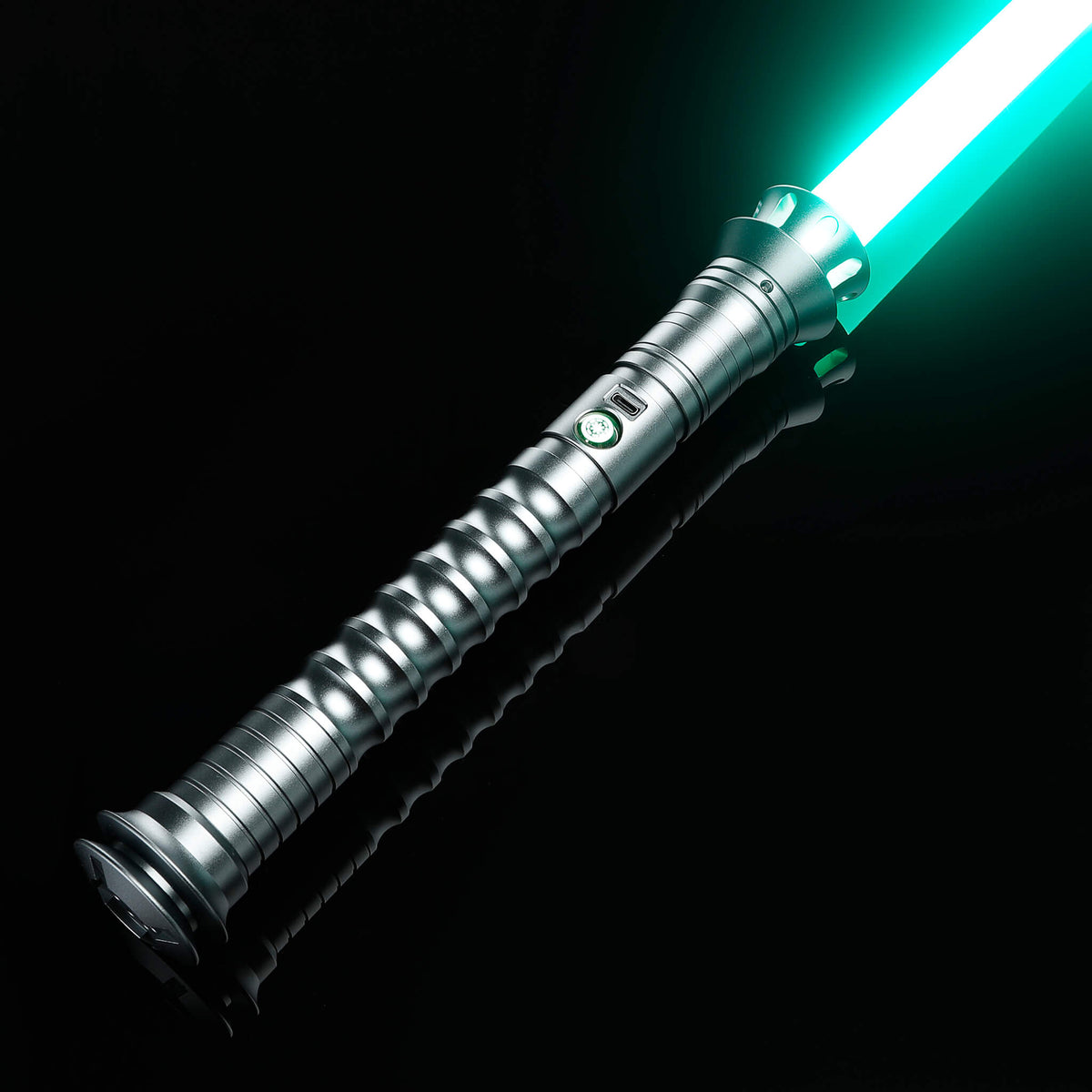 Gray metal hilt lightsaber smooth swing with green blade