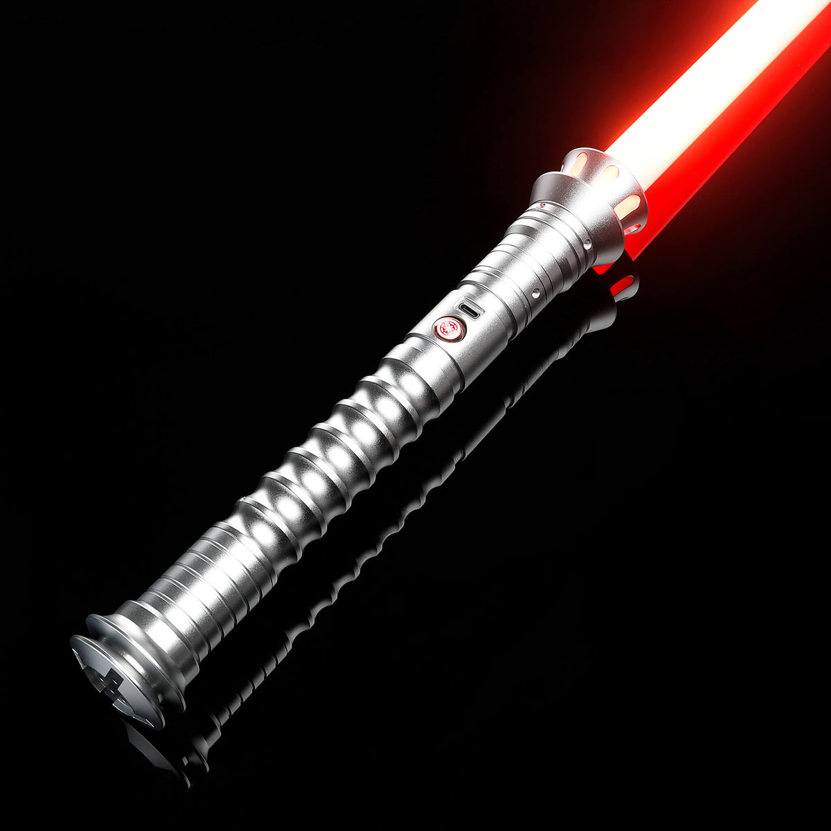 Silver metal hilt lightsaber with vibrant red FX blade