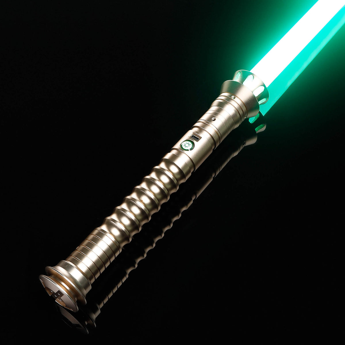 Gold metal hilt lightsaber with vibrant green FX blade