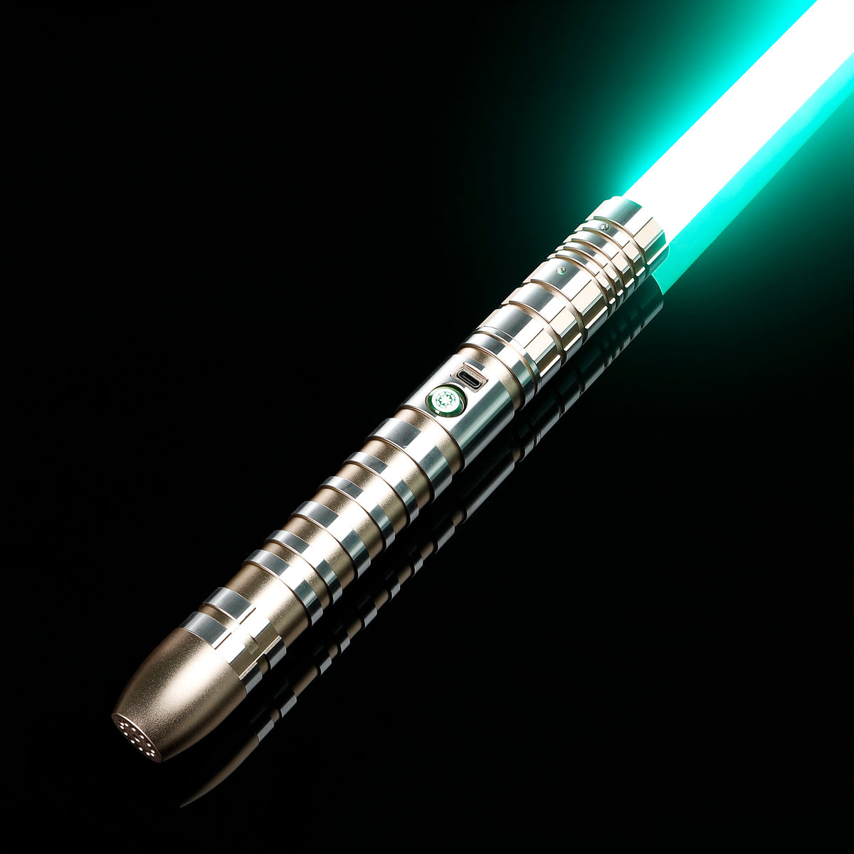 Metallic custom lightsaber hilt with bright green blade