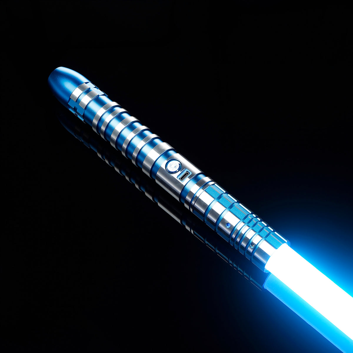 Blue glowing metal hilt lightsaber