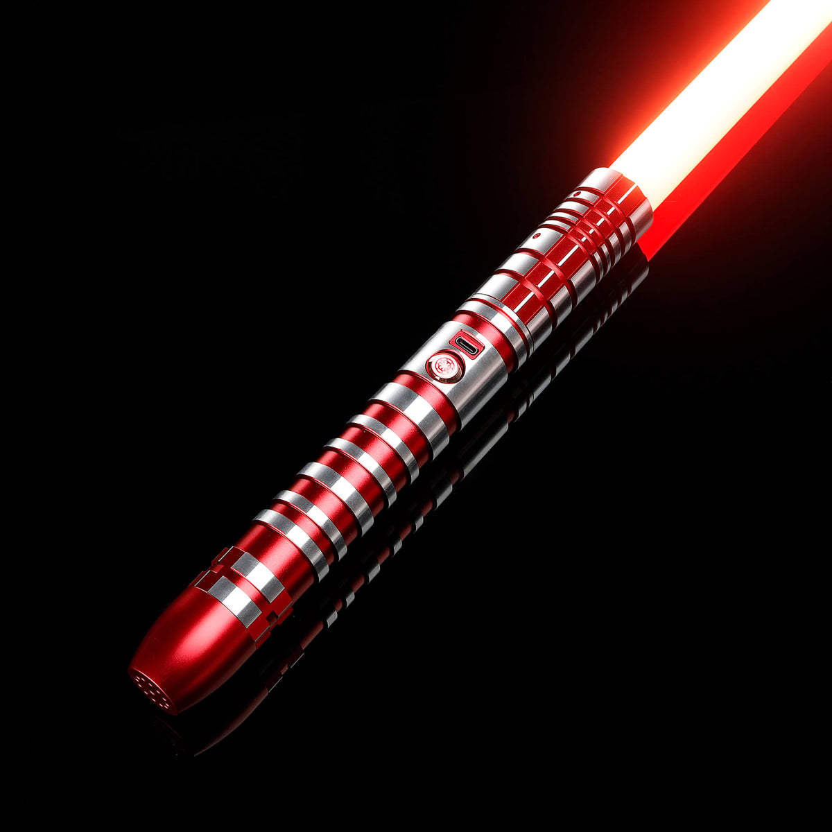 Red aluminum hilt combat lightsaber with glowing red blade