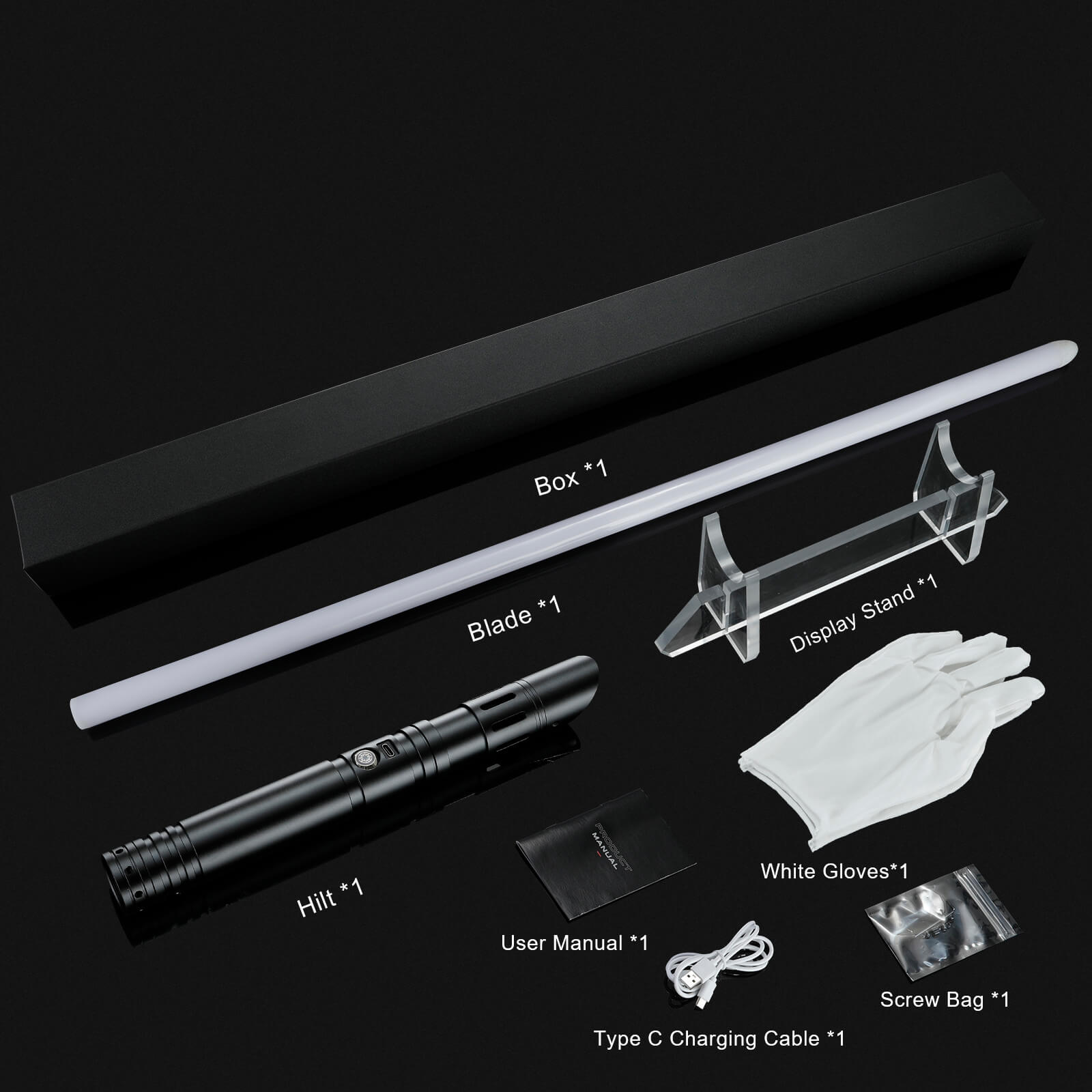 Complete FX combat light saber kit including premium hilt, blade, display stand, and accessories