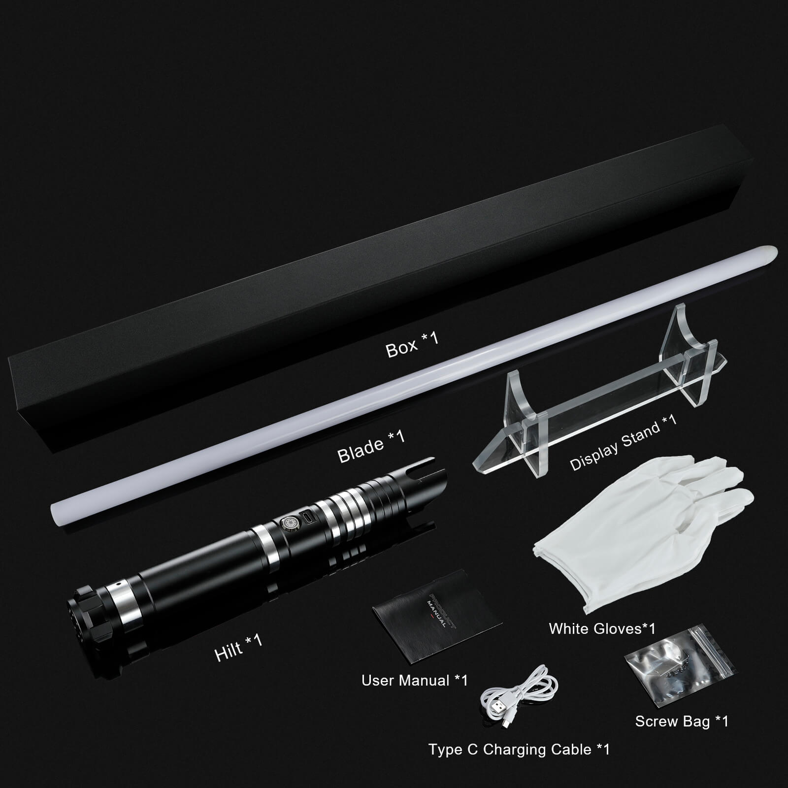 Full light saber replica kit including metal hilt, blade, white gloves, charger, stand, and black carrying case.