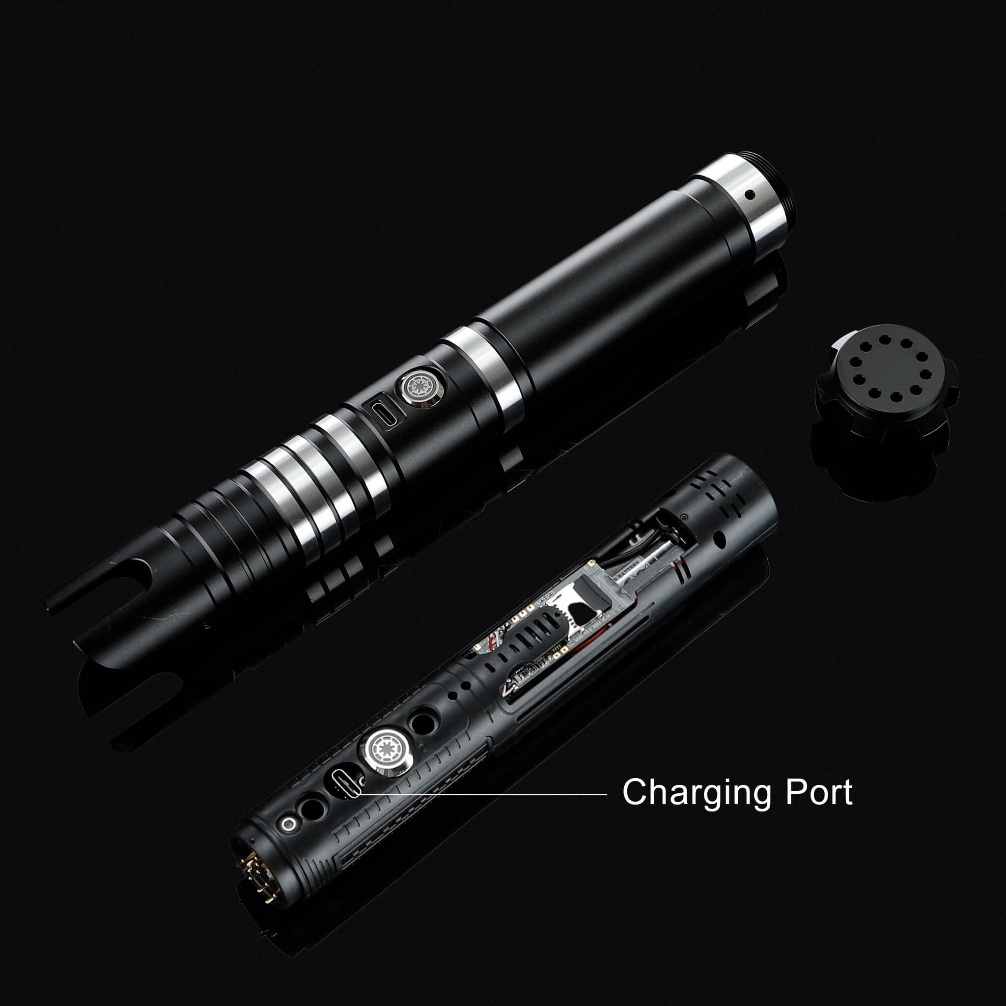 Internal view of the premium metal hilt showing the secure USB charging port and craftsmanship.