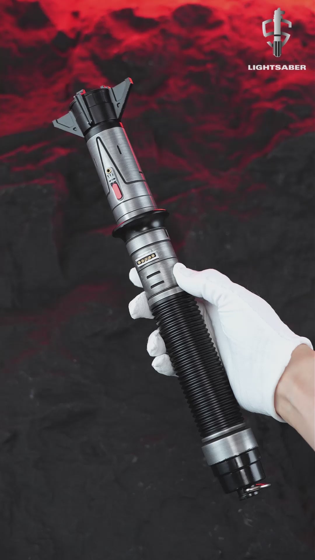 Product demonstration video of the LIGHTSABER® Baylan Skoll Saber with a weathered hilt, showcasing its heavy dueling durability, glowing orange-red NeoPixel blade, and responsive smooth swing features.
